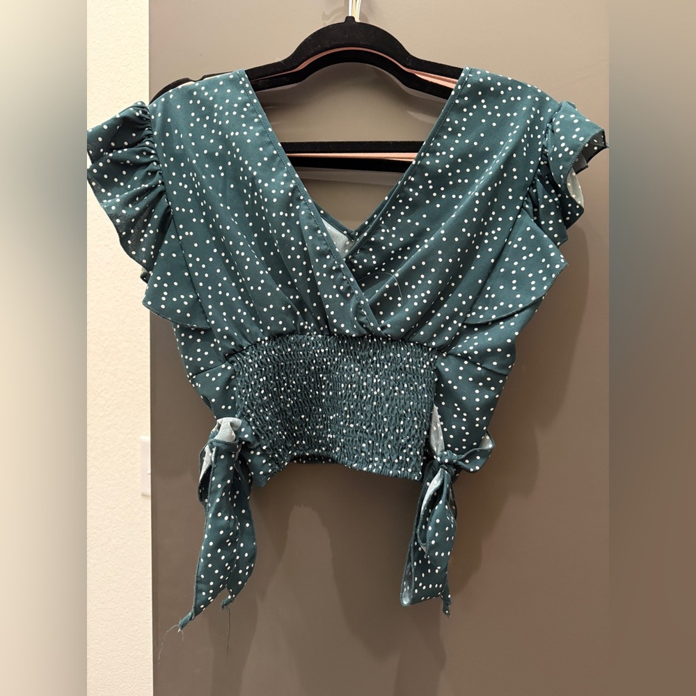 SHEIN Teal and White Polka Dot Smocked Blouse